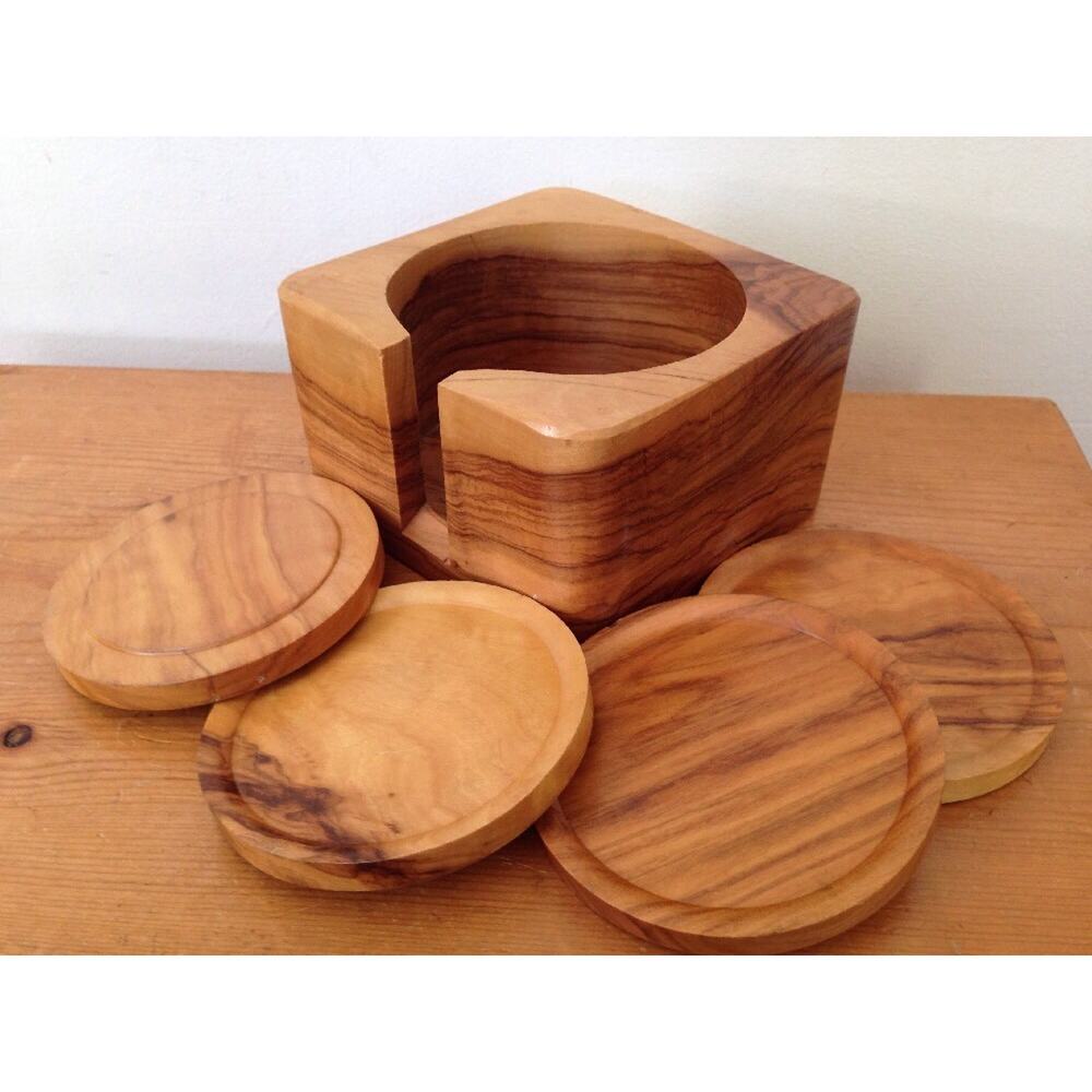 Set of 4 Natural Finish Wooden Coasters w Solid Hardwood Housing Holder